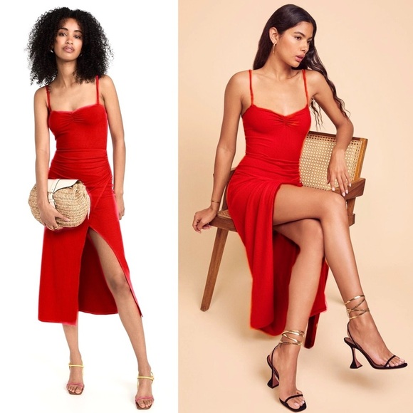 Reformation Dresses & Skirts - REFORMATION 90s Rib Knit Sweetheart Neck Sleeveless Ruched Side Slit Dress M